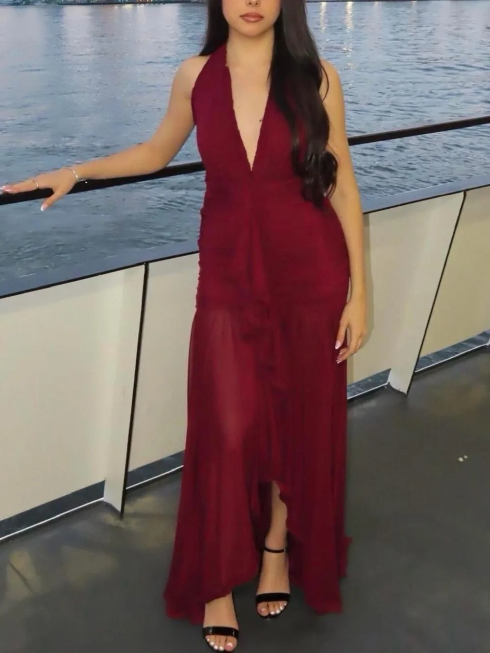 Fashion Nova Burgundy Halter Ruffle High-Low Mesh Maxi Dress